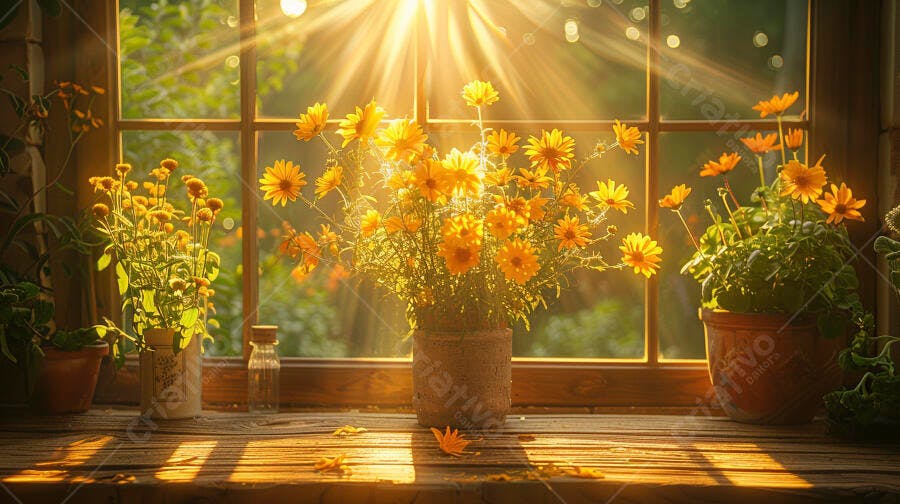 Flores amarelas em vasos na janela com luz solar intensa