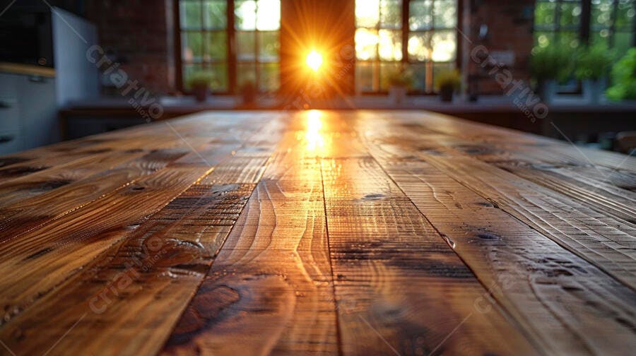 Mesa de madeira rústica iluminada pelo sol da manhã na cozinha