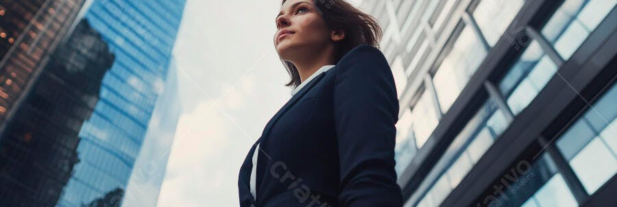 Mulher executiva confiante em terno azul escuro na cidade moderna