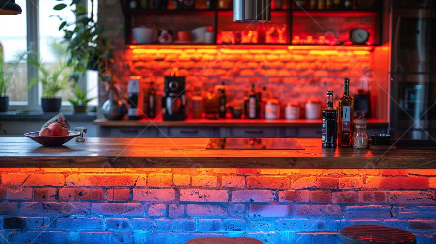 Balcão de cozinha industrial com luzes LED vibrantes e parede de tijolos rústicos