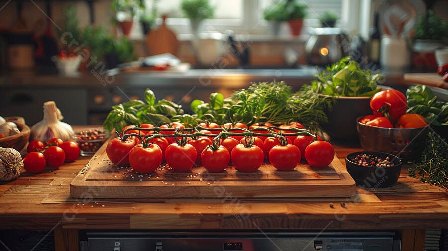 Tomates frescos em rama com ervas na bancada da cozinha rústica