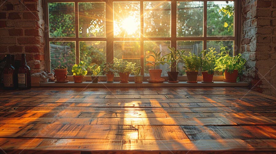 Plantas em vasos na janela com luz do sol dourada sobre mesa de madeira rústica