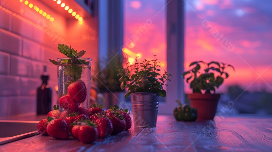 Morangos frescos com água de menta na cozinha ao por do sol vibrante