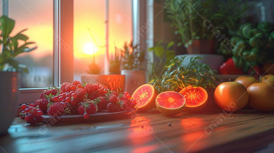 Frutas vermelhas e cítricas frescas na bancada da cozinha ao pôr do sol