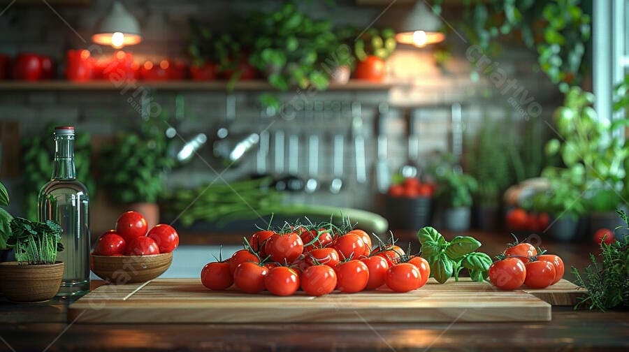 Tomates frescos vermelhos e manjericão verde na bancada da cozinha rústica com azeite