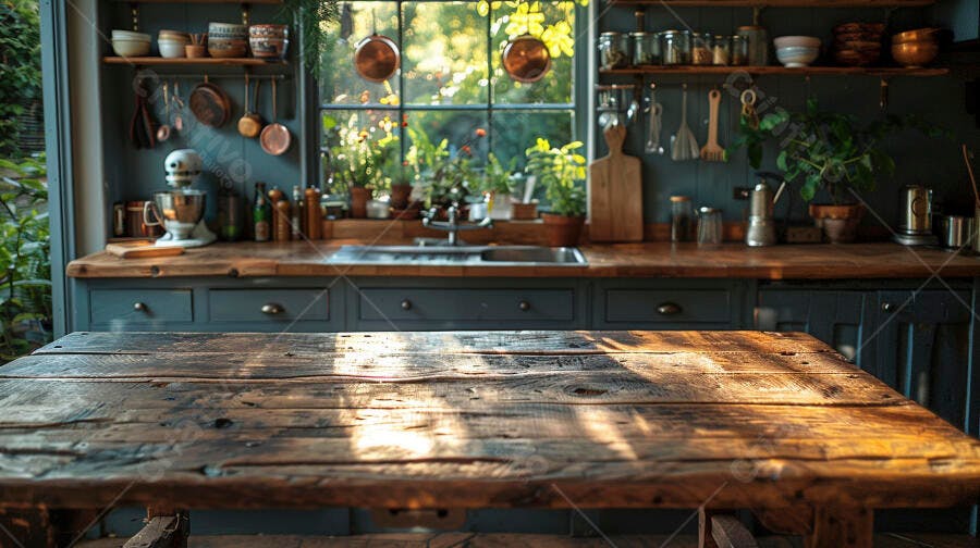 Cozinha rústica com mesa de madeira ao sol da manhã