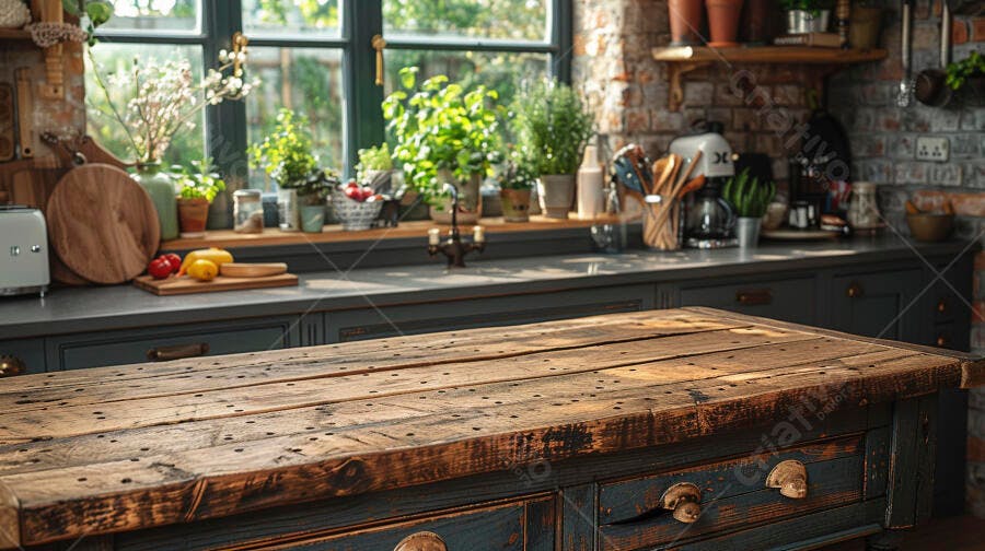 Bancada de cozinha rústica com janela e plantas luminosas