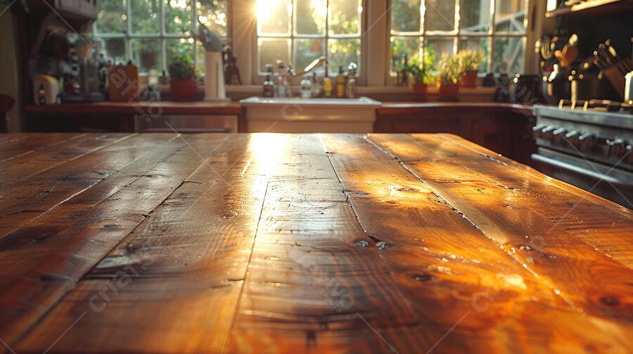 Mesa de madeira rústica na cozinha com luz solar da manhã