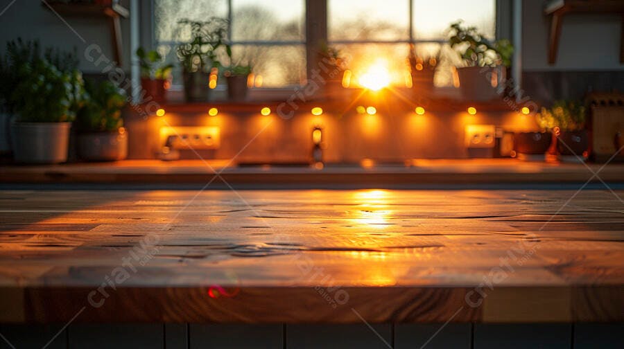 Bancada de madeira rústica na cozinha com luz dourada do pôr do sol