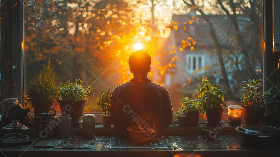 Homem em silhueta na janela com plantas durante pôr do sol vibrante
