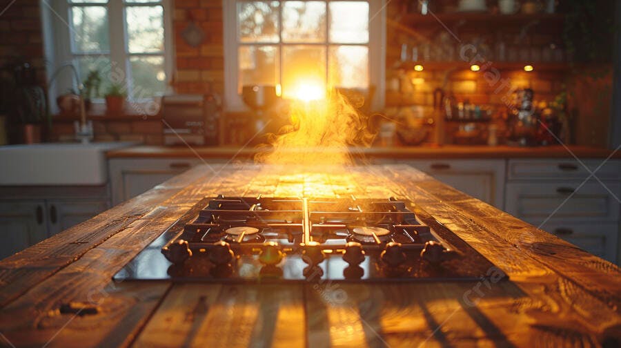 Fogão a gás com vapor em cozinha rústica ao amanhecer