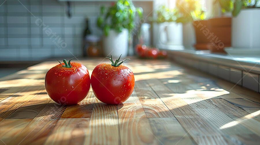 Tomates frescos com gotas de água na bancada de madeira iluminados pelo sol