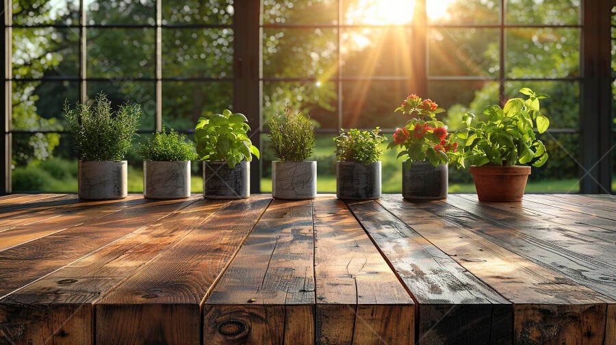 Ervas frescas e plantas em vasos na mesa de madeira rústica com luz solar