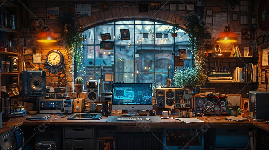 Mesa de trabalho em estúdio de design com computador e equipamentos de áudio vintage