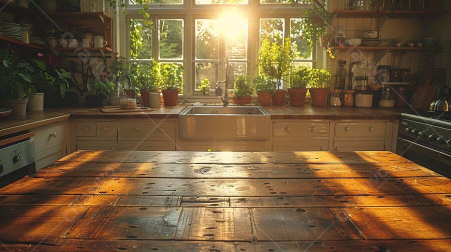 Cozinha rústica com mesa de madeira banhada pelo sol da manhã