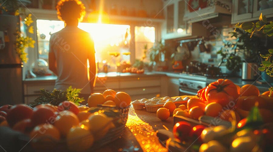 Homem em cozinha moderna preparando alimentos com luz dourada e frutas frescas