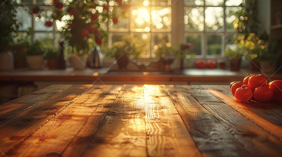 Mesa de madeira rústica com tomates frescos sob luz do sol na cozinha