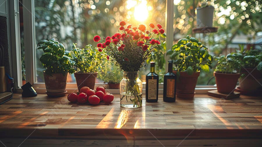 Ingredientes frescos na cozinha flores vermelhas e ervas na luz do sol
