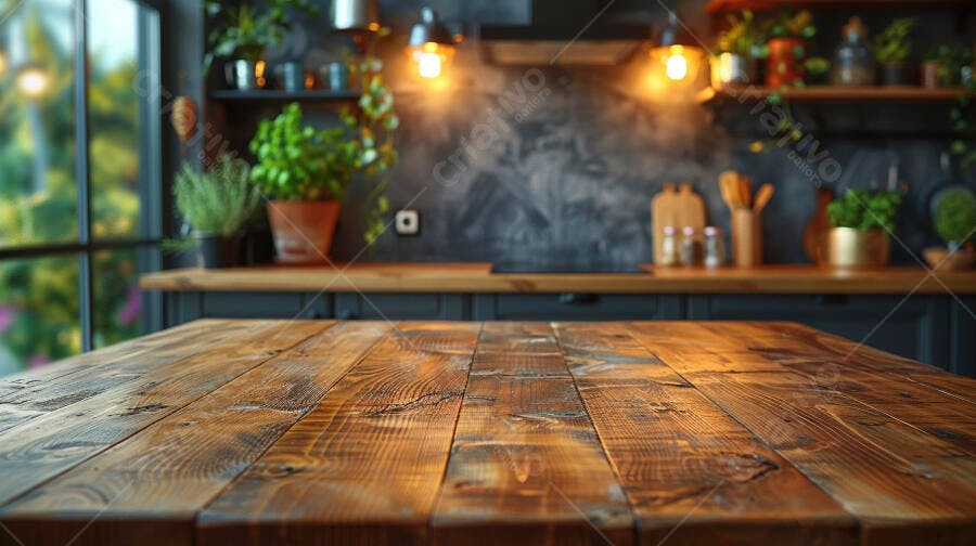 Mesa de madeira rústica em cozinha escura com plantas e luz quente