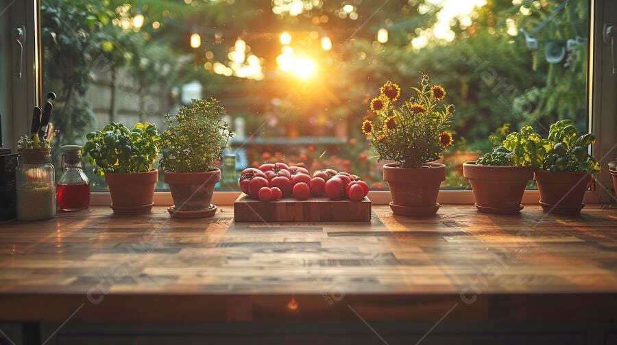 Tomates frescos e ervas na bancada da cozinha com sol da tarde