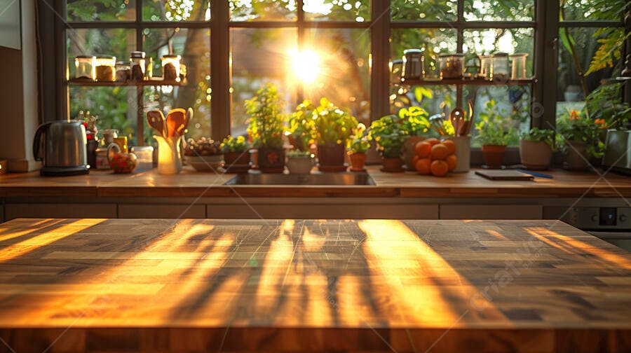 Cozinha iluminada com luz do sol matinal e plantas em bancada de madeira