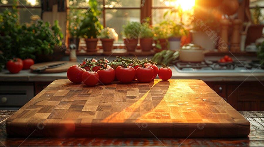 Tomates frescos em tábua de corte de madeira na cozinha com sol da manhã