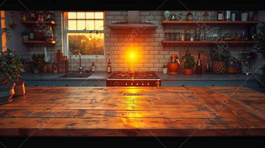Mesa de cozinha rústica de madeira com luz solar dourada ao amanhecer