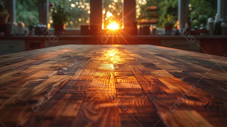 Mesa de madeira rústica iluminada pelo sol da manhã na cozinha