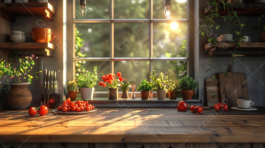 Tomates frescos em cozinha rústica com luz solar matinal