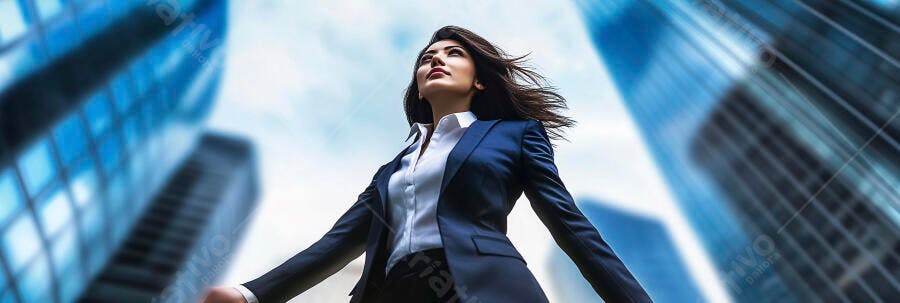 Mulher profissional morena em blazer azul olhando para o céu na cidade