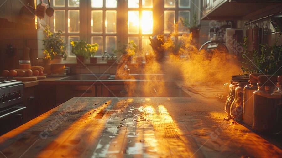 Cozinha rústica com luz do sol dourada pela janela ao amanhecer