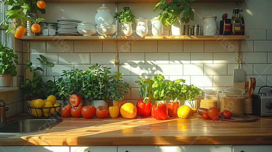 Cozinha rústica moderna com vegetais frescos e ervas verdes sob luz natural