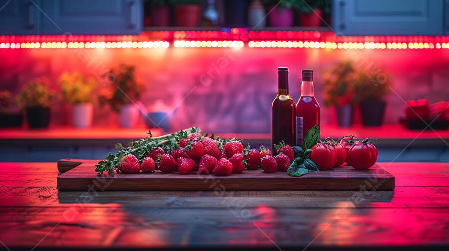 Morangos e tomates frescos em balcão de cozinha com luz vermelha