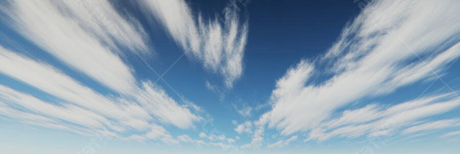 Céu azul profundo com nuvens cirrus brancas e leves contrails