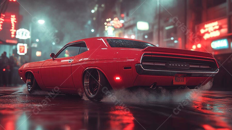 Carro muscle vermelho em rua molhada à noite com fumaça e luzes neon vibrantes