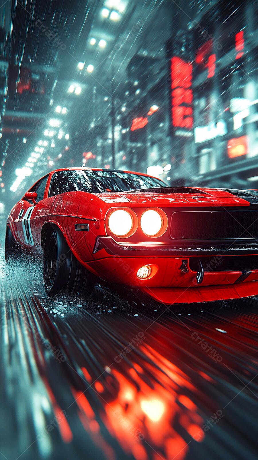 Carro muscle vermelho vintage em rua molhada de cidade chuvosa noturna