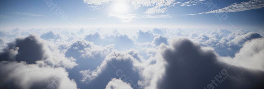 Nuvens brancas fofas vistas do alto com céu azul e sol brilhante