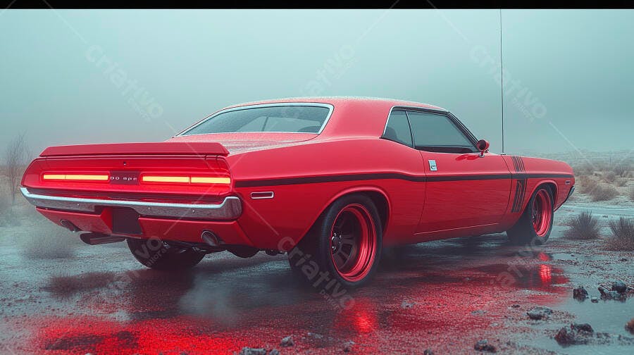 Muscle car Dodge Challenger vermelho em estrada úmida com neblina ao amanhecer