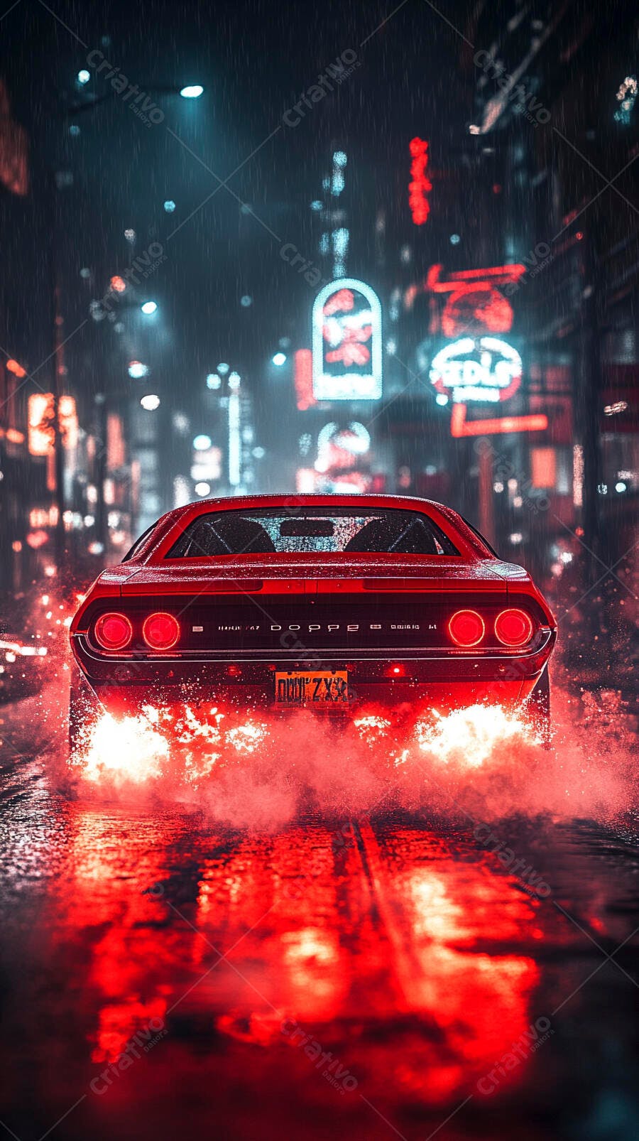 Carro clássico vermelho com fumaça em rua urbana molhada à noite