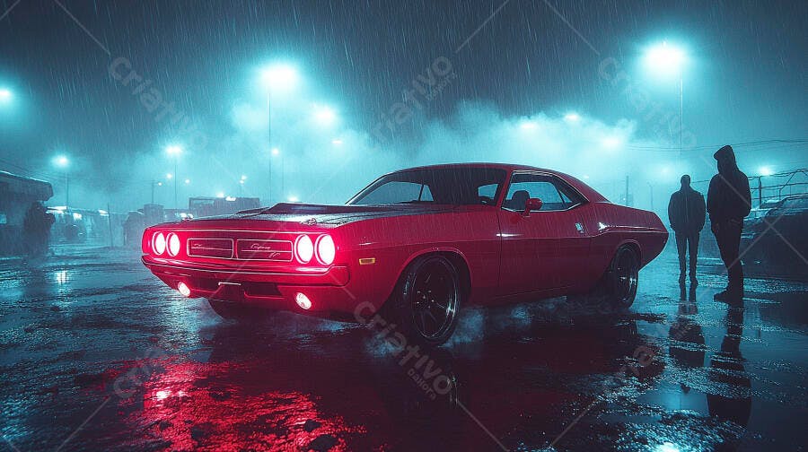 Carro muscle vermelho brilhante na rua chuvosa à noite com luzes neon azuis