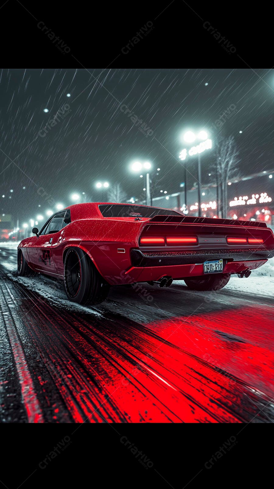 Carro esportivo vermelho na neve à noite urbana