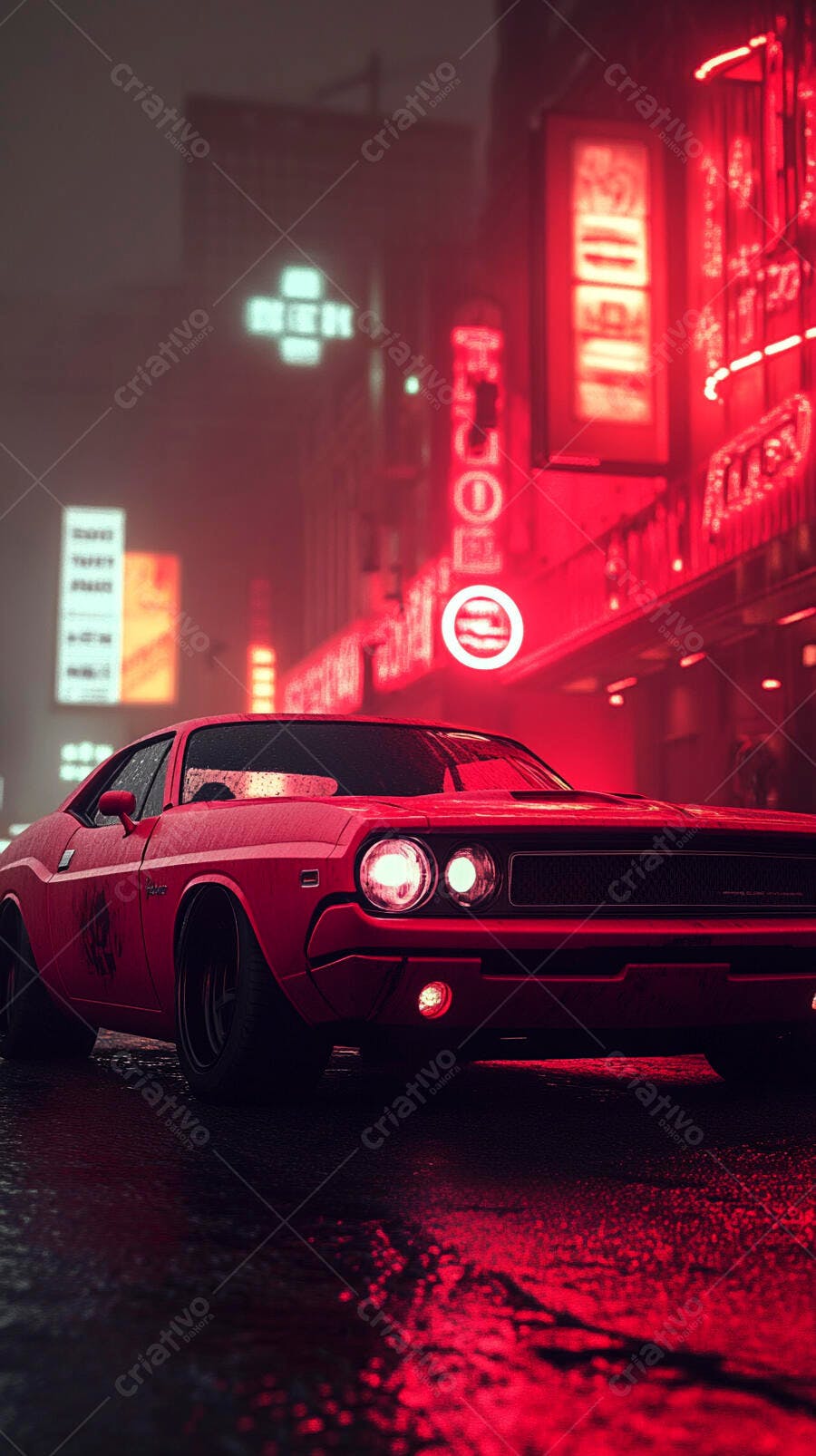 Carro muscle Dodge Challenger vermelho clássico em rua urbana molhada com neon