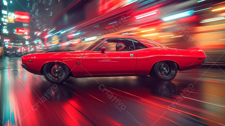 Carro esportivo vermelho em alta velocidade na cidade noturna com piloto de capacete