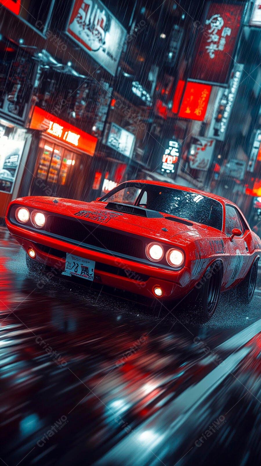 Carro esportivo vermelho na chuva noturna em cidade asiática iluminada por neons