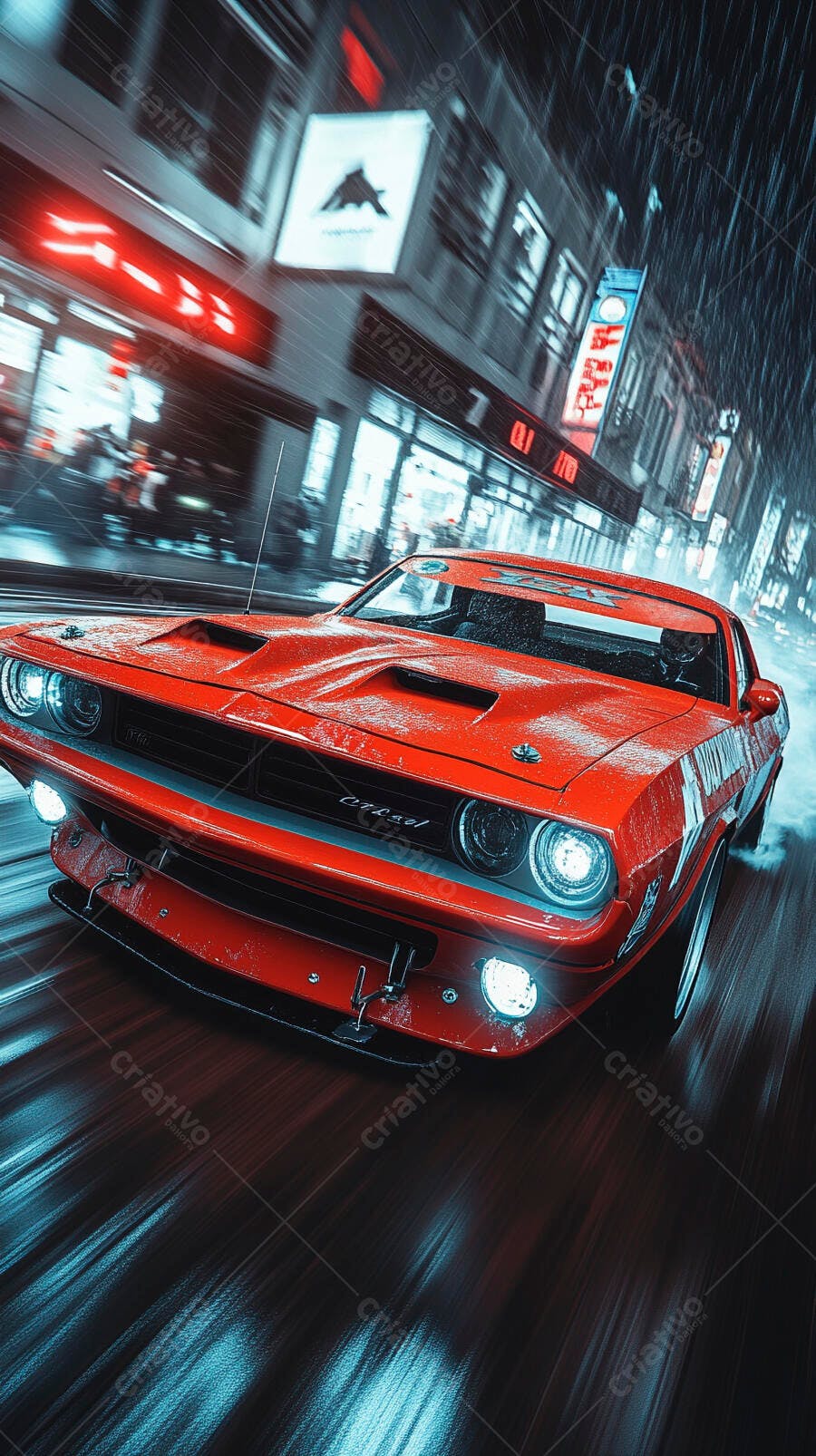 Muscle car vermelho potente em alta velocidade na cidade chuvosa noturna