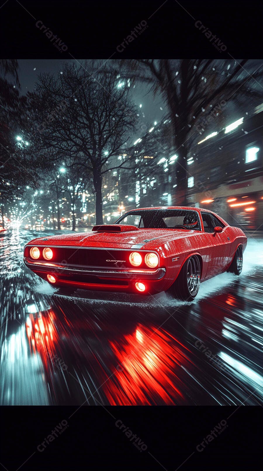 Dodge Challenger vermelho vintage dirigindo na rua molhada à noite