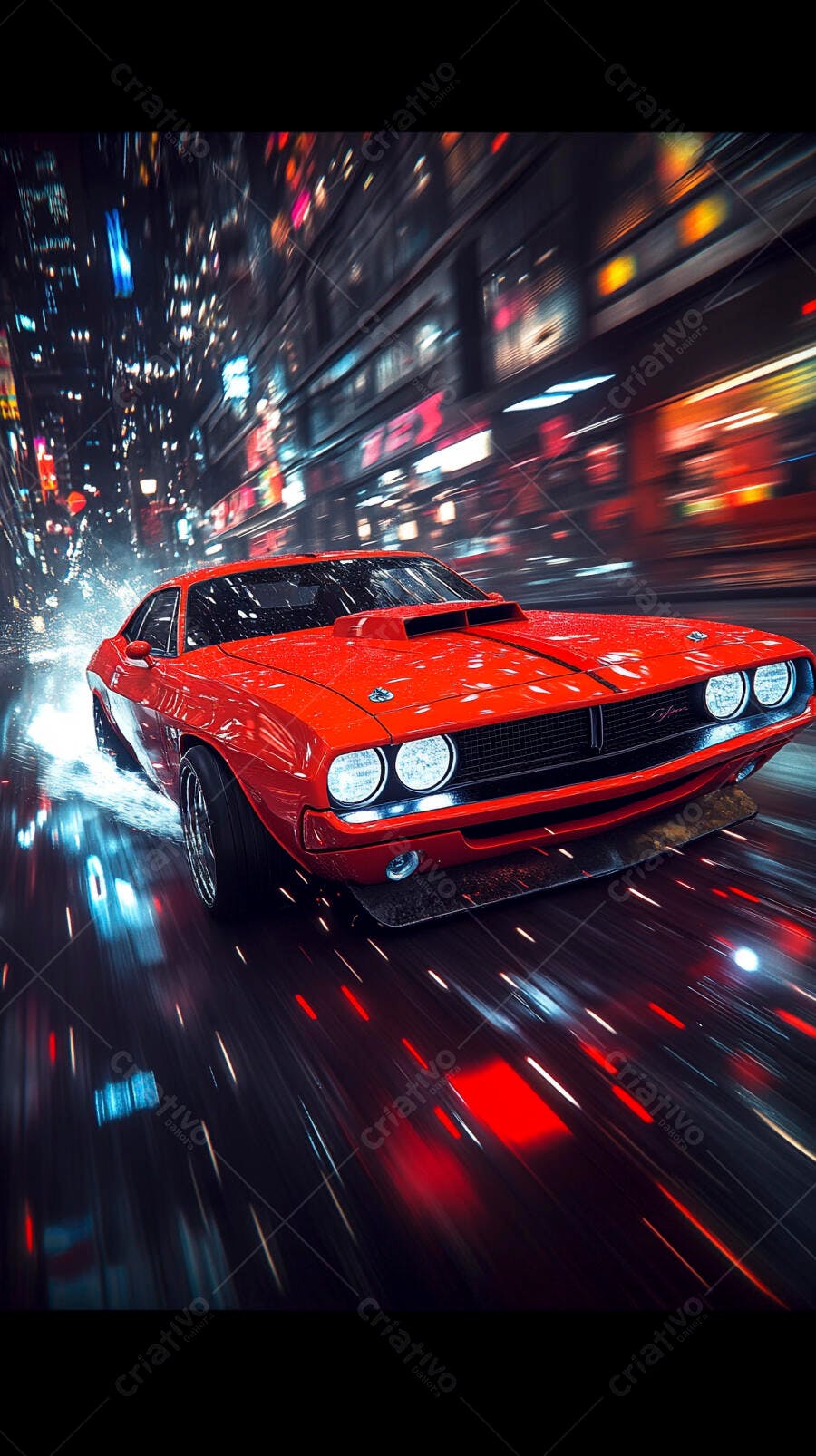 Carro muscle vermelho clássico correndo em rua chuvosa da cidade à noite