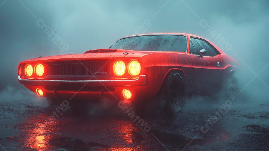 Muscle car vermelho vintage em noite chuvosa com faróis acesos