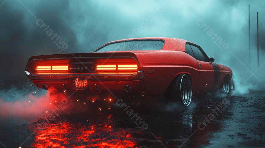 Carro esportivo vermelho clássico queimando pneu na rua noturna molhada