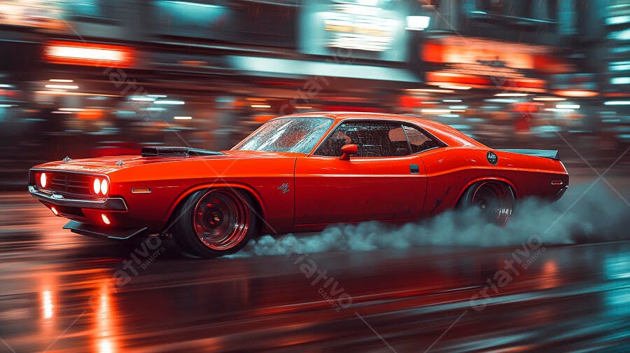 Muscle car vermelho deslisando em rua molhada da cidade à noite